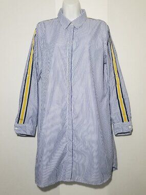 Style House Womens XL Cotton Tab Sleeve Blue White Striped Button Up Shirt Dress